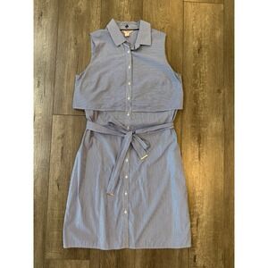 Brooks Brothers Red Fleece Blue White Pin Striped Sleeveless Cape Shirt Dress 8